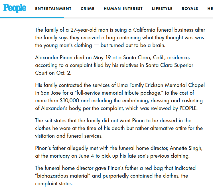Dad Goes to Mortuary to Pick Up 27-Year-Old Son's Clothes. Instead, He Claims, They Gave Him a Brain in a Bag